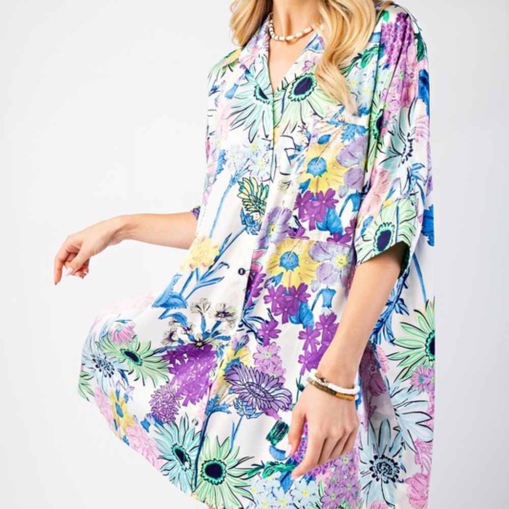 Gigio - Floral Print Oversized Button Down Shirt Dress
